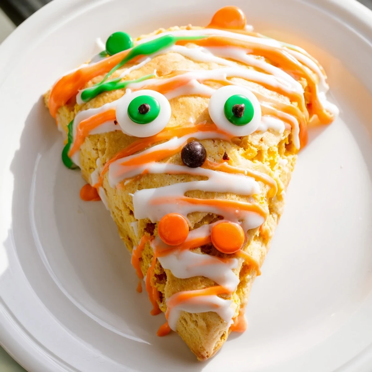 Freshly baked monster face pumpkin scones with vibrant orange and purple glaze details