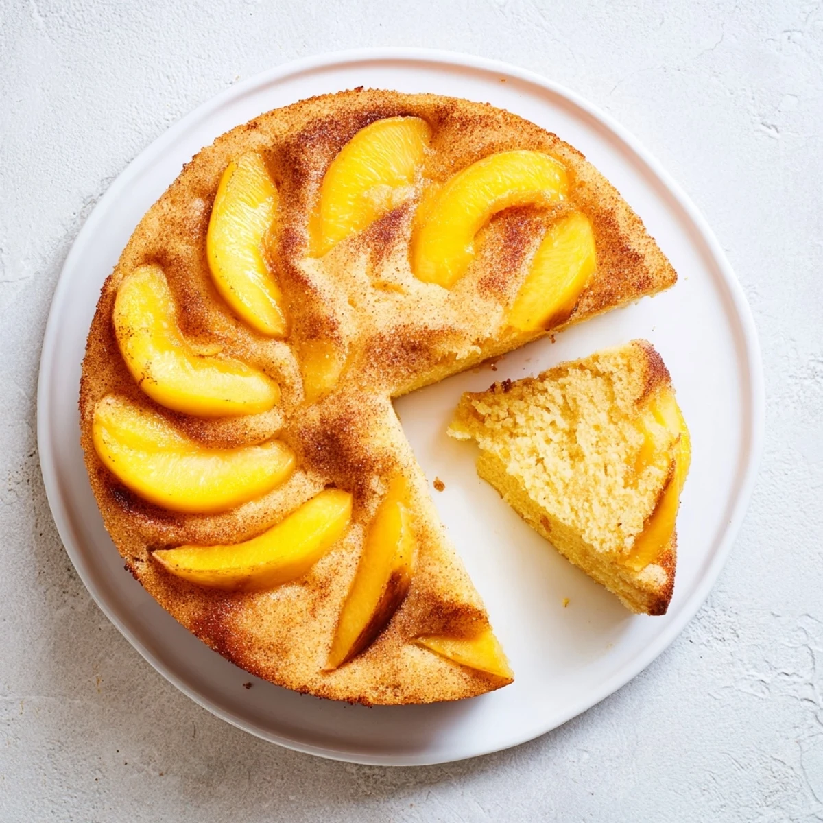 Moist peach cake with juicy fruit baked inside and golden brown peaches arranged on top