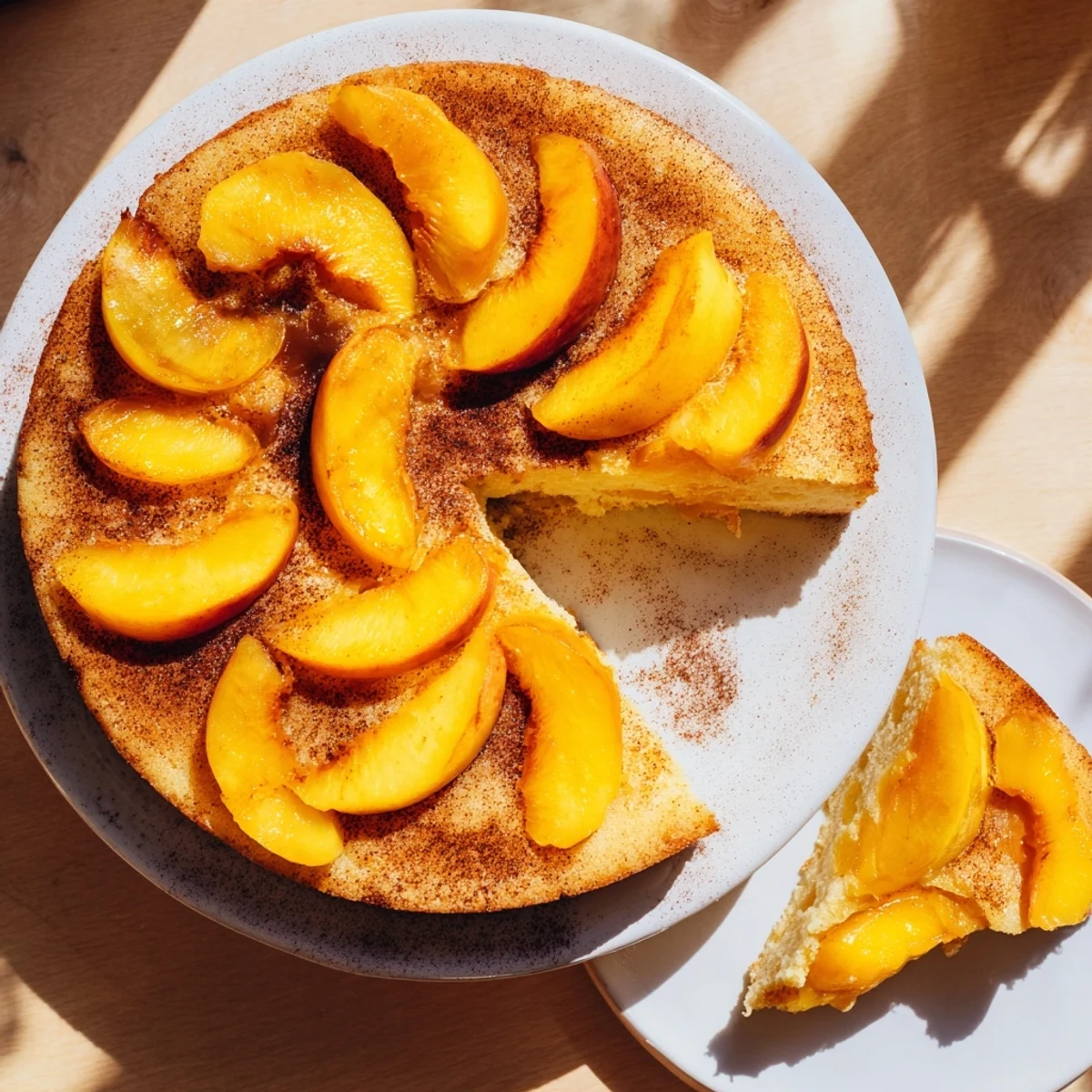 Golden summer peach cake topped with cinnamon sugar and fresh peach slices on a wire rack