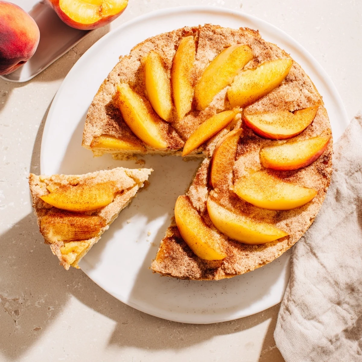 Slice of summer peach cake showing tender crumb with sweet cinnamon peaches and whipped cream