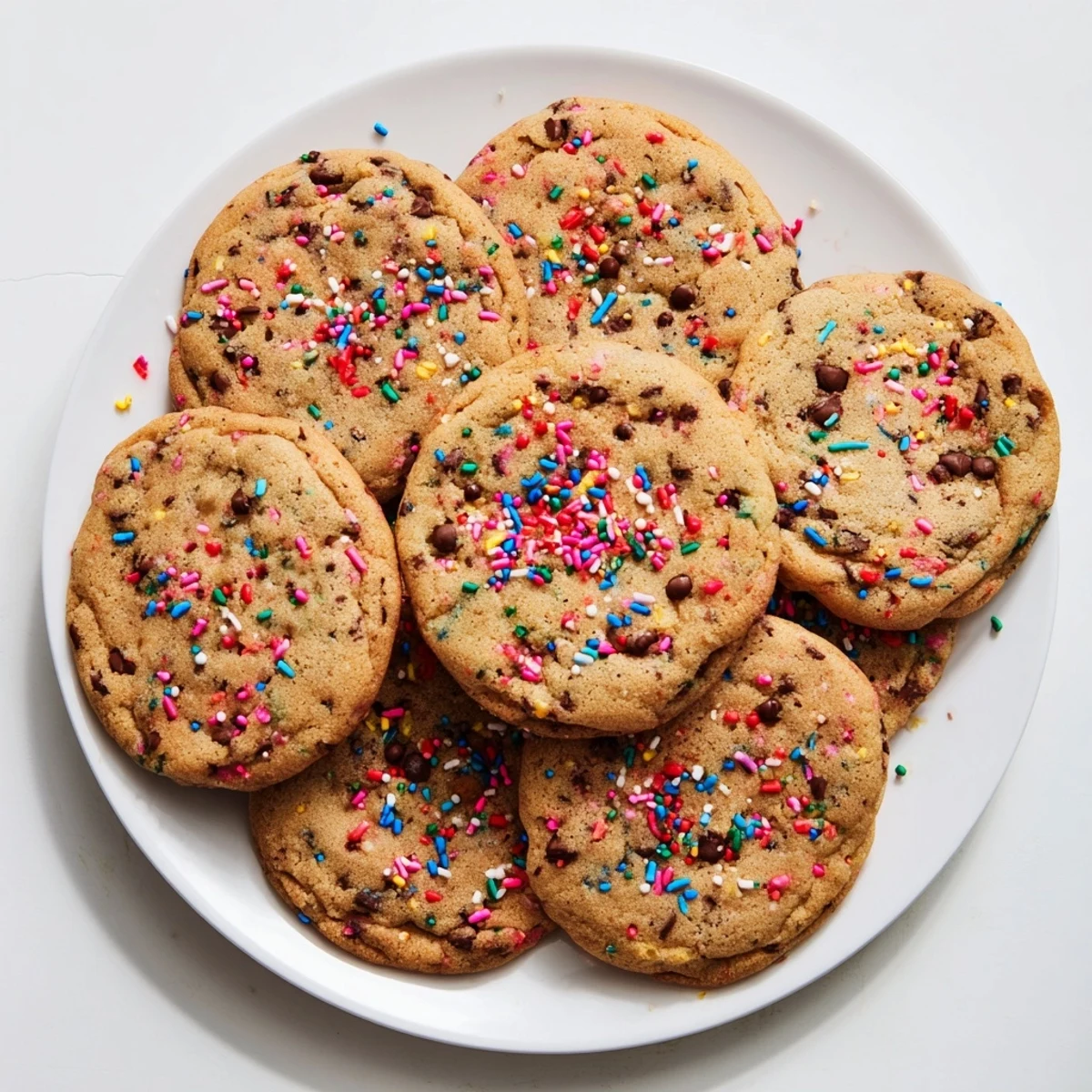 Soft baked chocolate chip sprinkle cookies studded with melty chocolate chips and colorful rainbow confetti