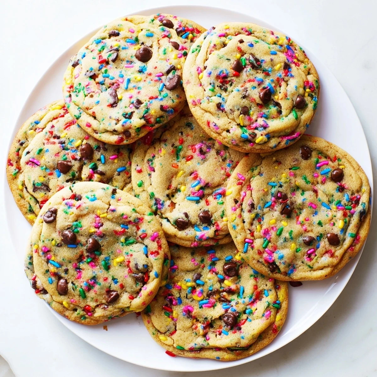 Stack of chewy chocolate chip sprinkle cookies featuring golden edges and festive speckled dough texture