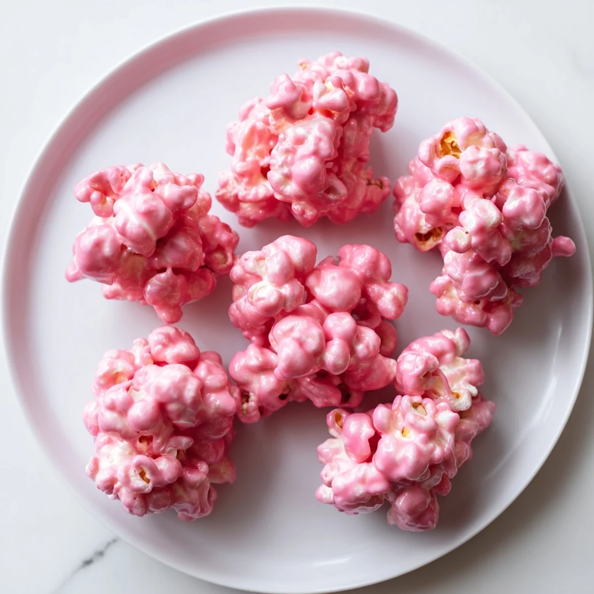 Pink popcorn coated in glossy vanilla glaze spread on parchment paper to cool