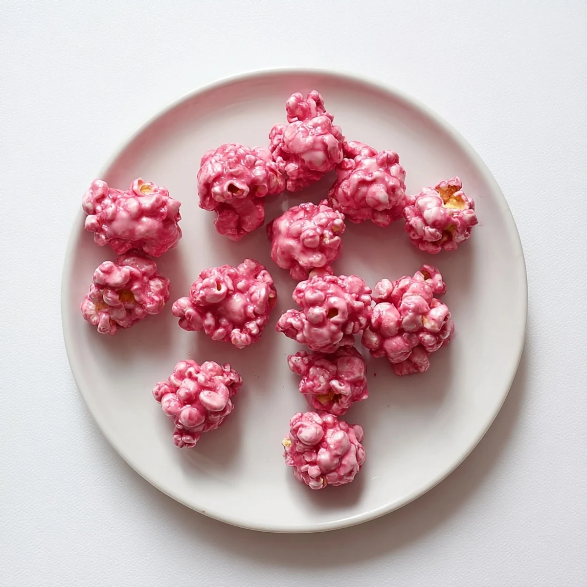 Light pink popcorn clusters tossed in sweet candy coating ready for party snacking