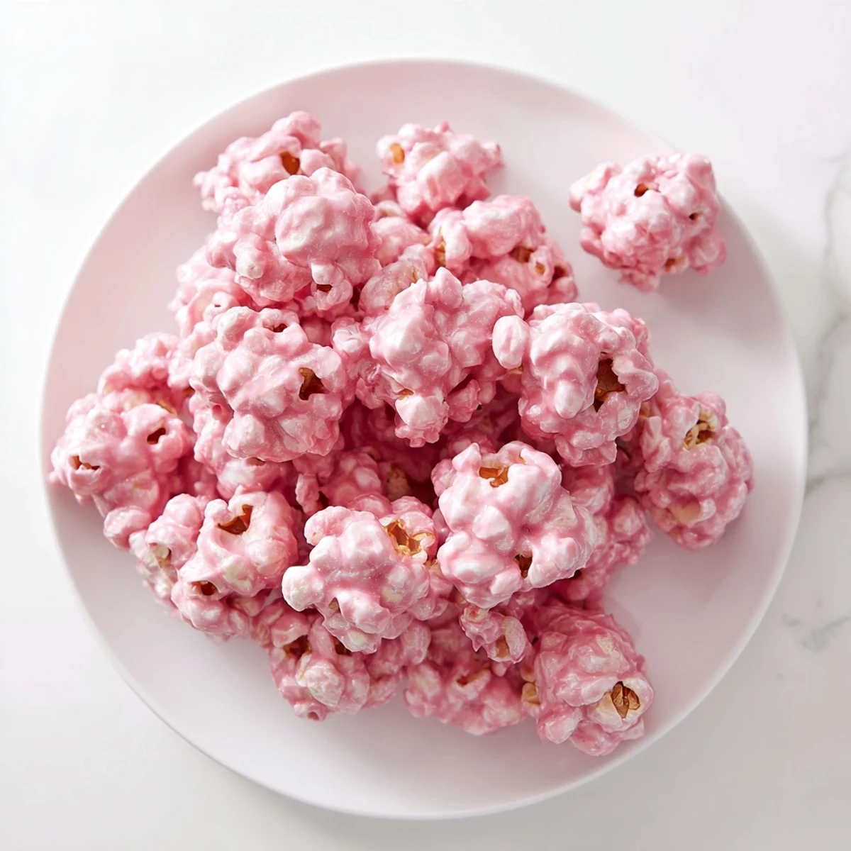 Homemade pink popcorn with rosy vanilla glaze arranged in serving bowl for dessert