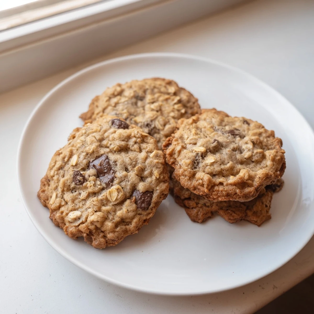 Homemade classic oatmeal chocolate chip cookies displayed on a rustic wooden board with a glass of milk nearby