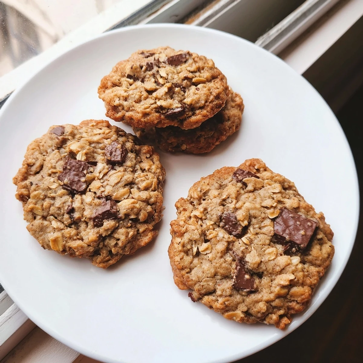 A stack of chewy oatmeal chocolate chip cookies on a white wire cooling rack, ready for serving