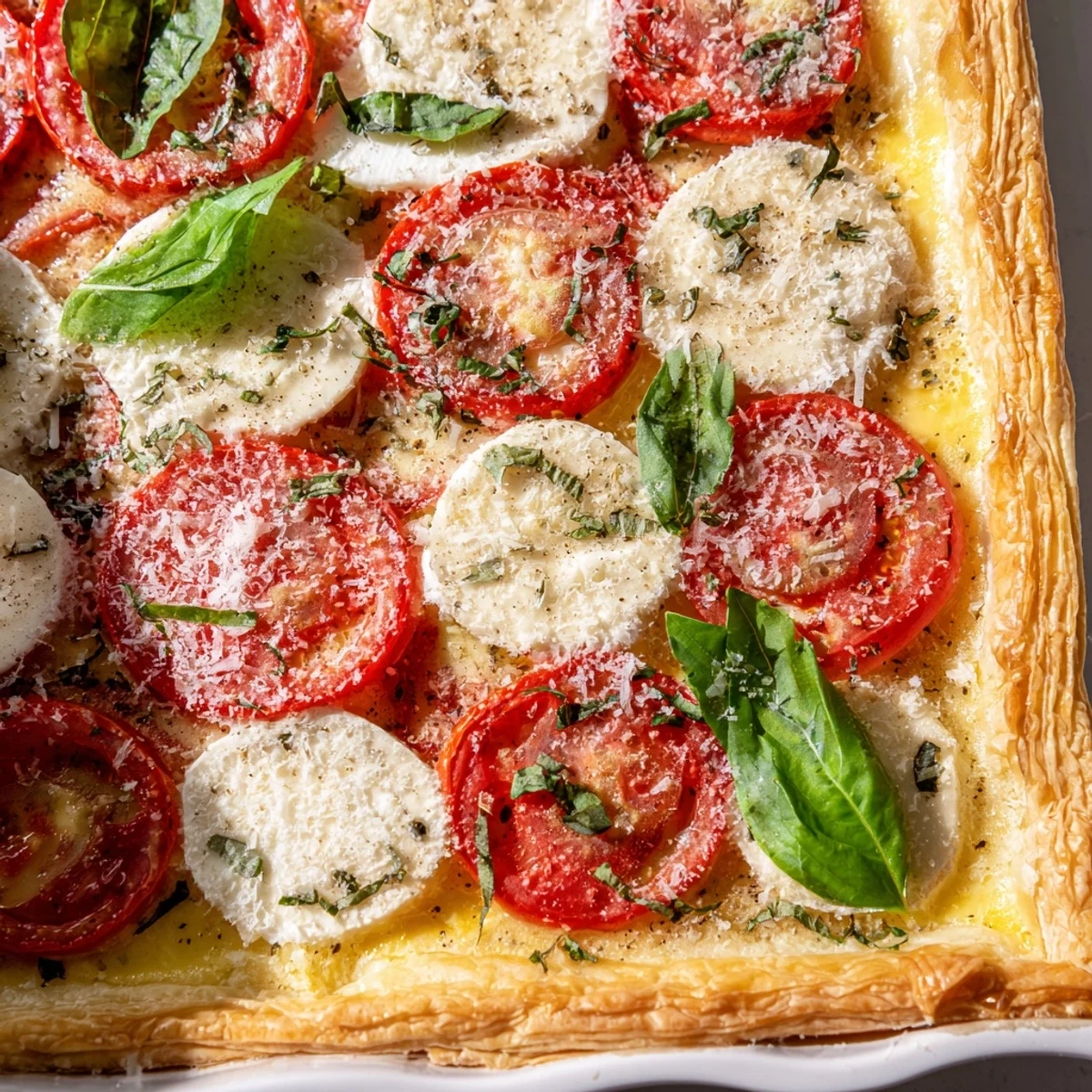 Golden savory tomato basil tart with melted mozzarella on flaky puff pastry crust