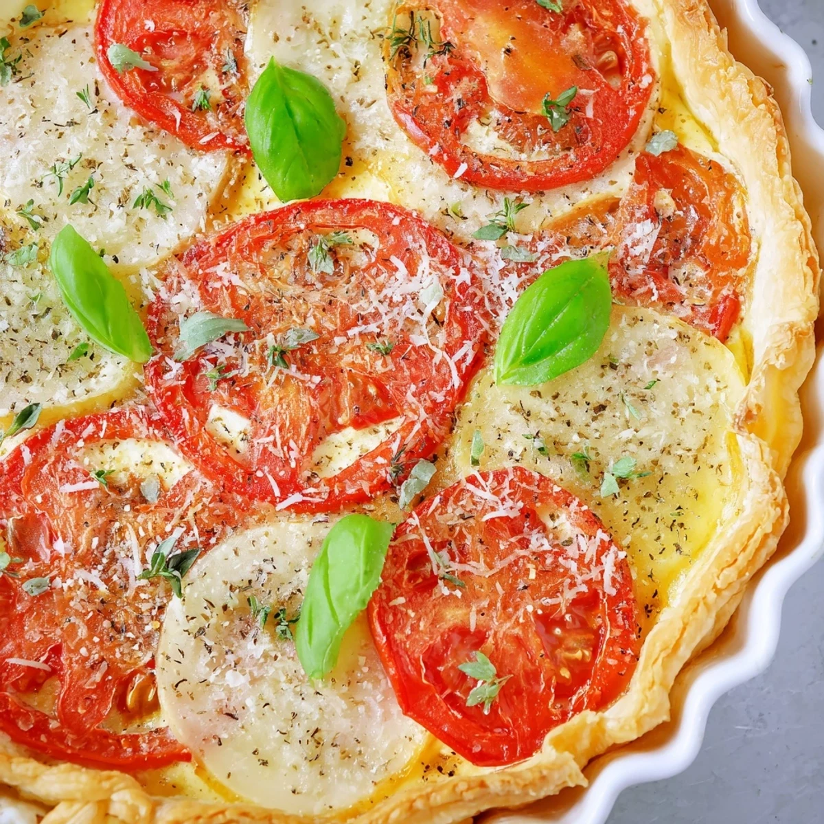 Sliced ripe tomatoes and fresh basil topping a creamy French tart finished with Parmesan