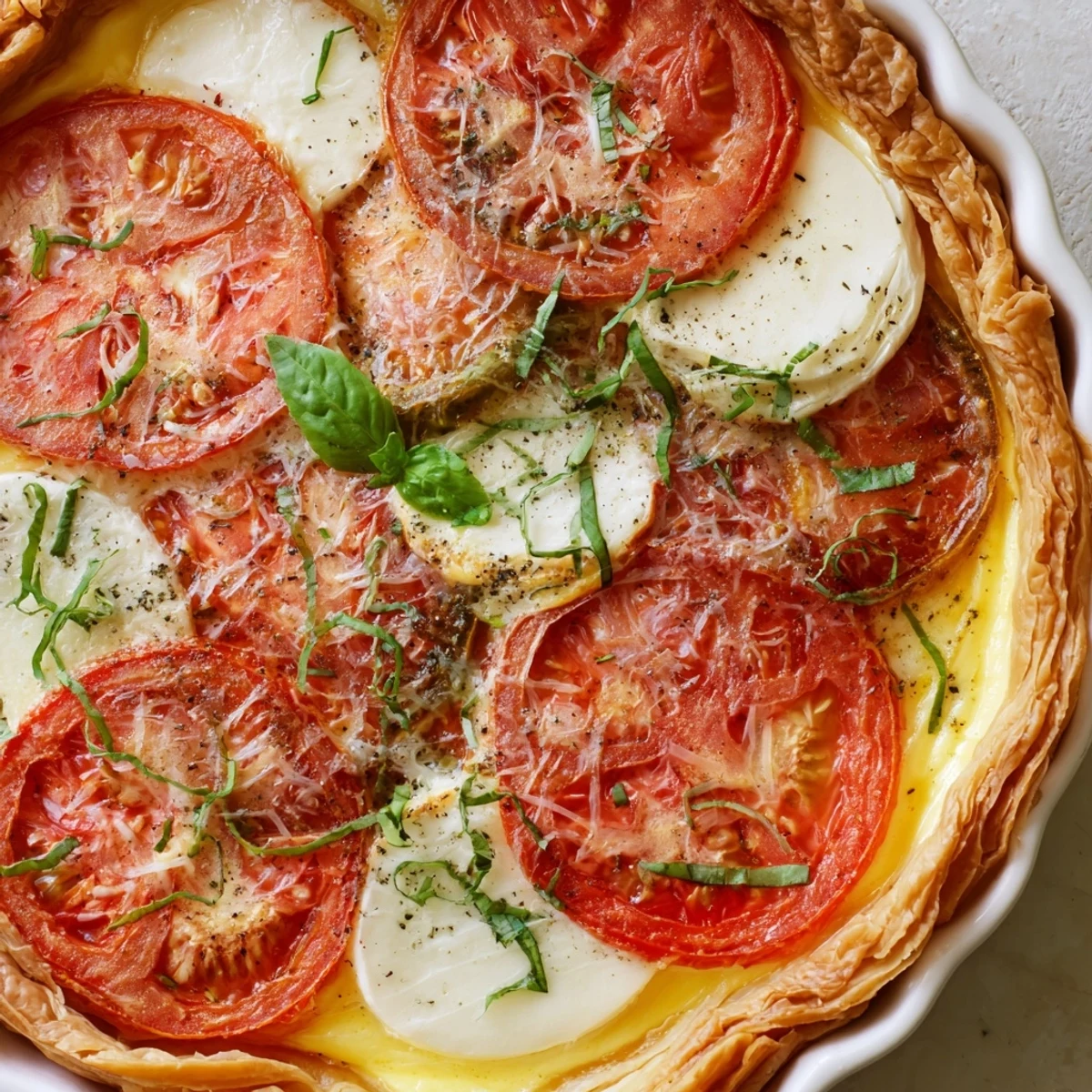 Warm vegetarian tart featuring layered tomatoes, herbs, and cheese on golden baked pastry