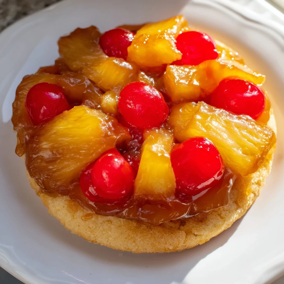 Soft pineapple upside down sugar cookies with caramelized pineapple rings and bright red maraschino cherry halves on top