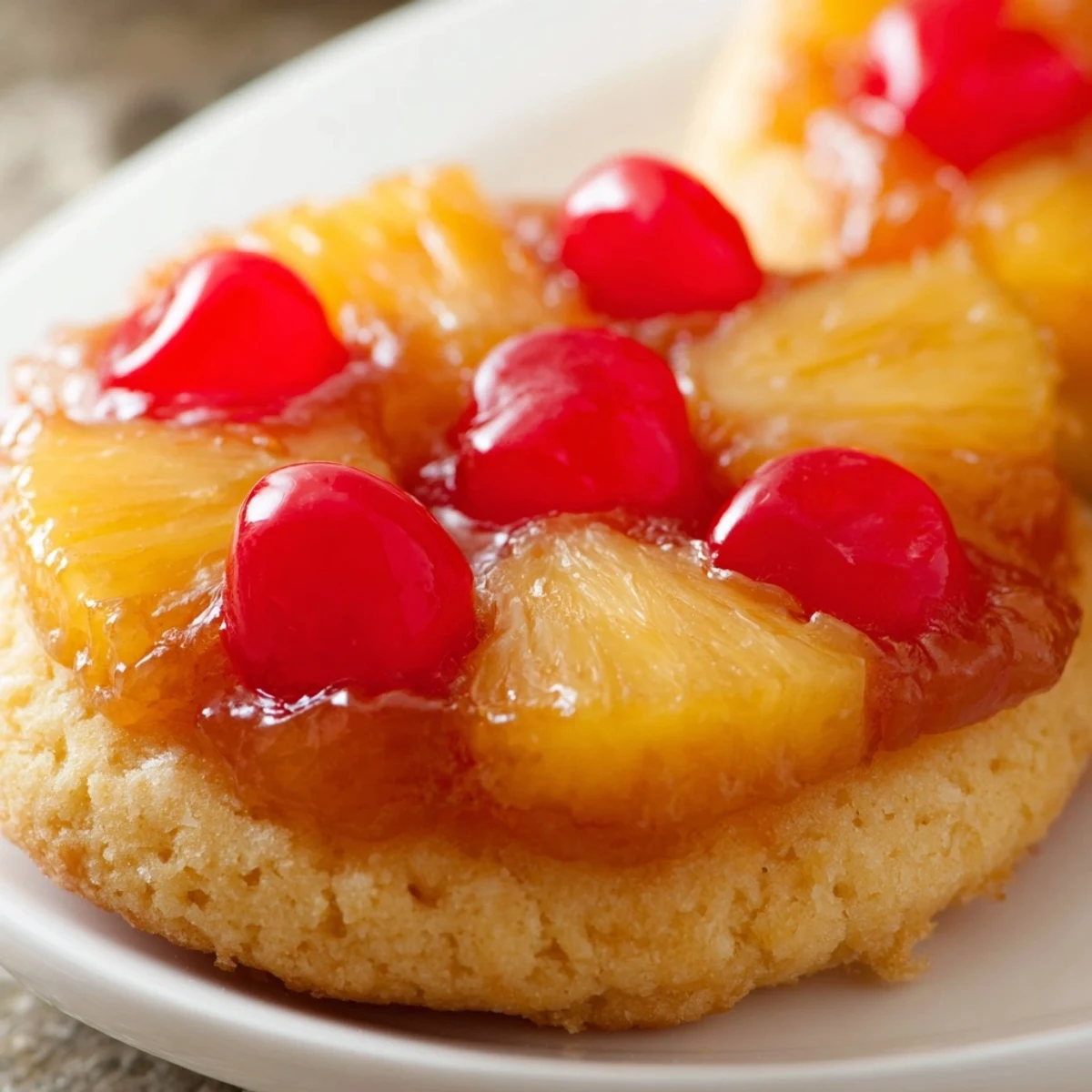 Golden brown pineapple upside down sugar cookies arranged on a wire rack with glistening brown sugar pineapple topping
