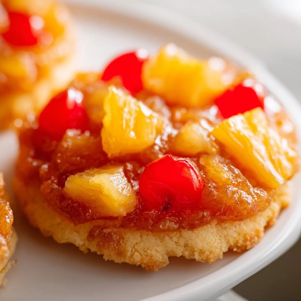 Close up of pineapple upside down sugar cookies showing chewy caramelized fruit pieces nestled into soft buttery cookie dough