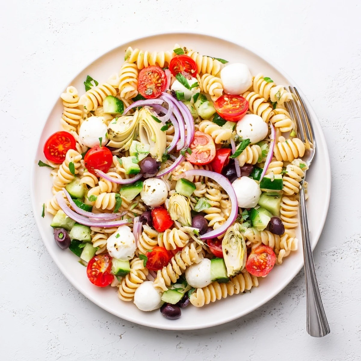 Colorful Italian vegetarian pasta salad with fresh vegetables, mozzarella, and herbs in a serving bowl