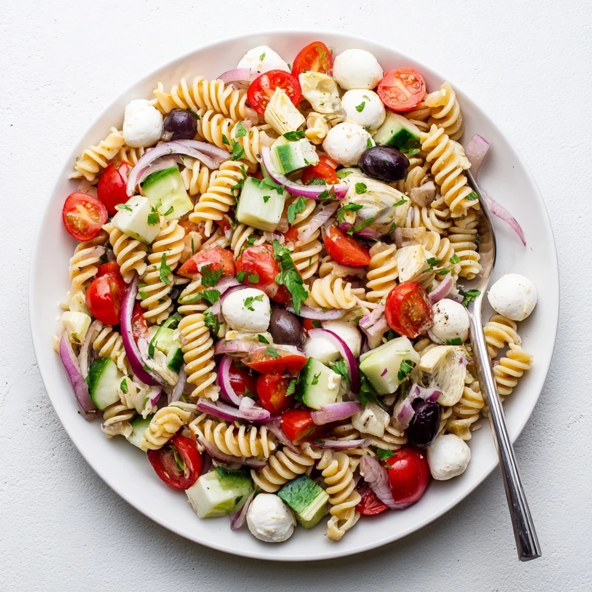 Vibrant Mediterranean pasta salad tossed with cherry tomatoes, cucumber, olives, and creamy bocconcini cheese