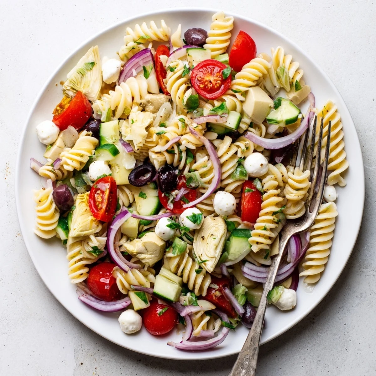 Refreshing Italian vegetarian pasta salad featuring crisp bell peppers, red onion, and zesty homemade dressing