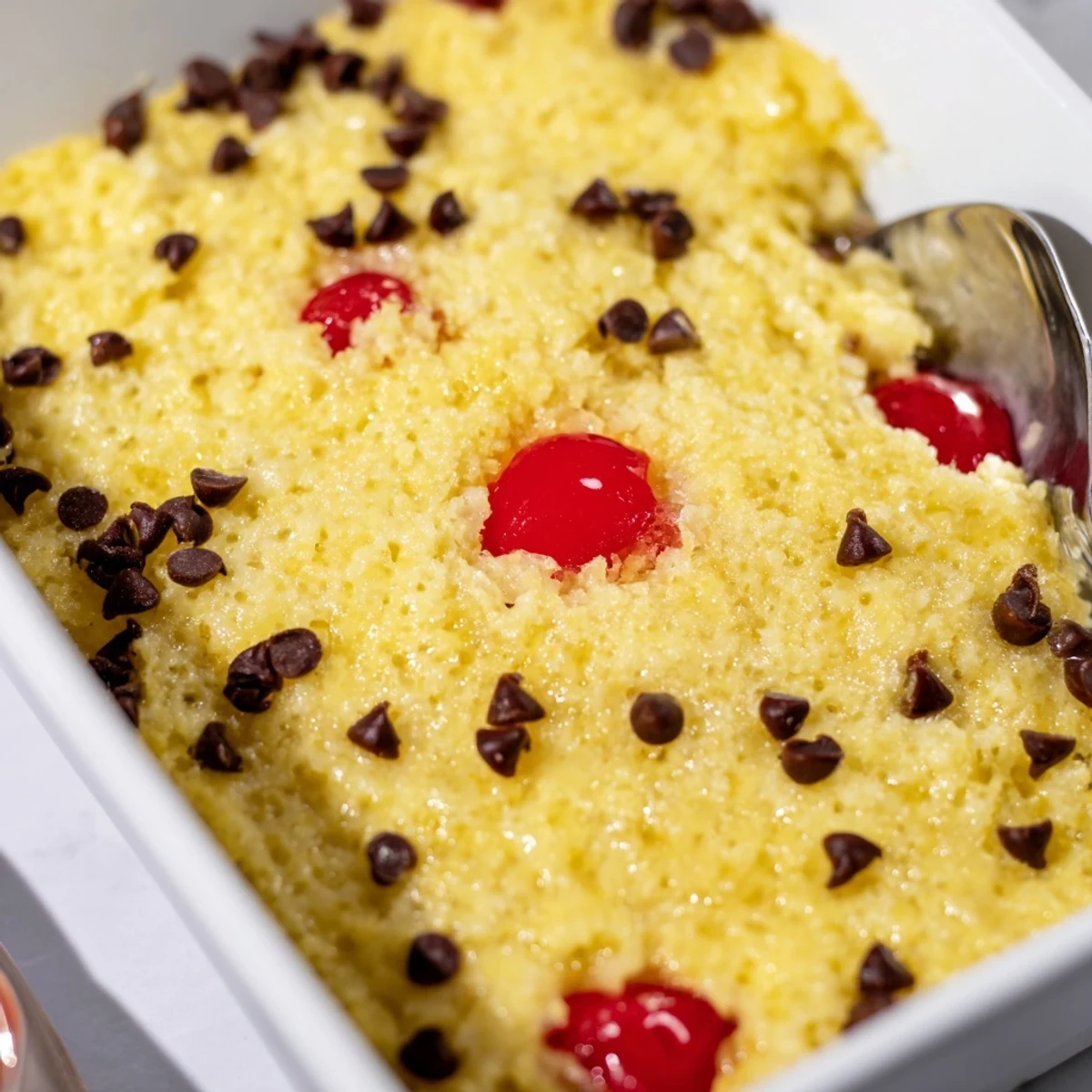 Golden banana split dump cake with melted butter over yellow cake mix and fruit layers