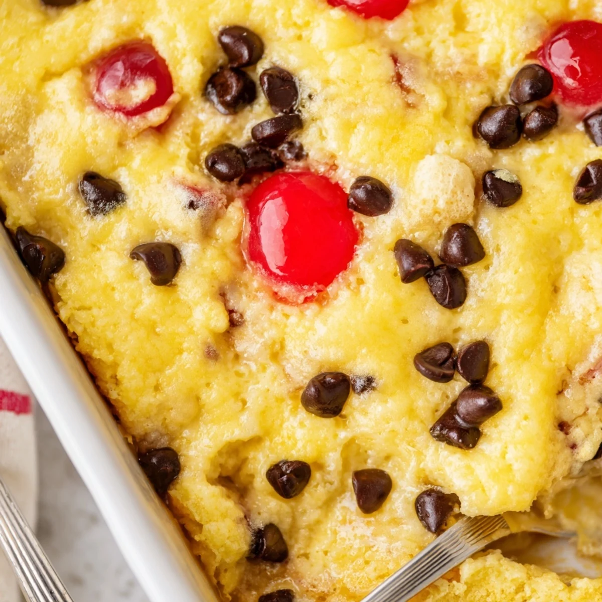 Warm banana split dump cake dessert with chocolate chips, pineapple, and sliced baked bananas