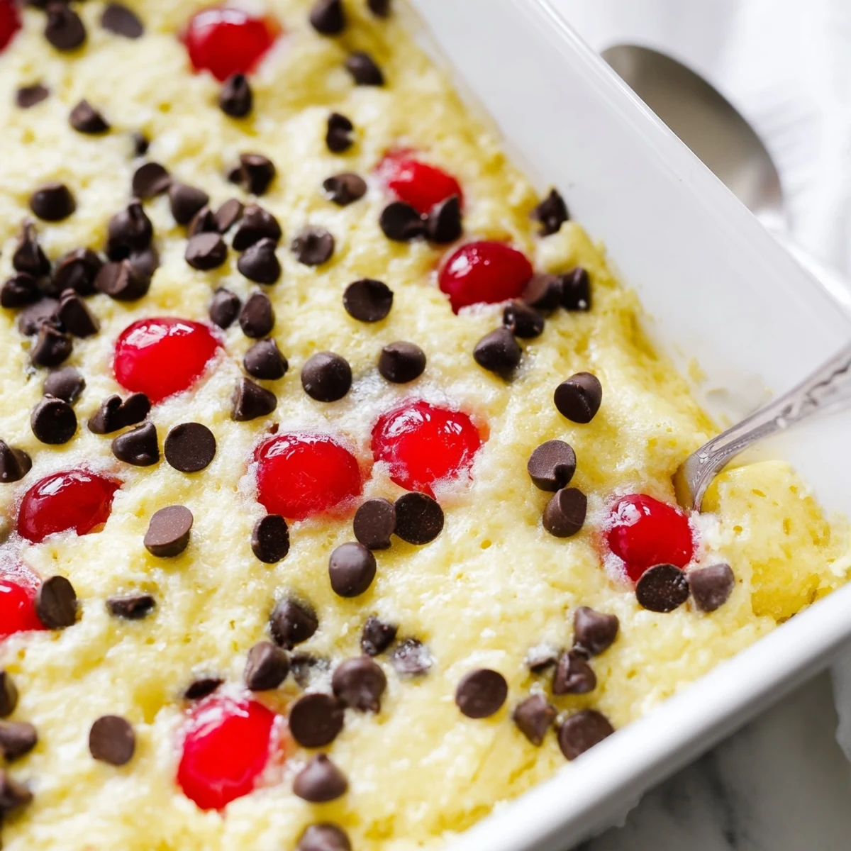 Bubbling 9x13 pan of banana split dump cake topped with whipped cream and maraschino cherries