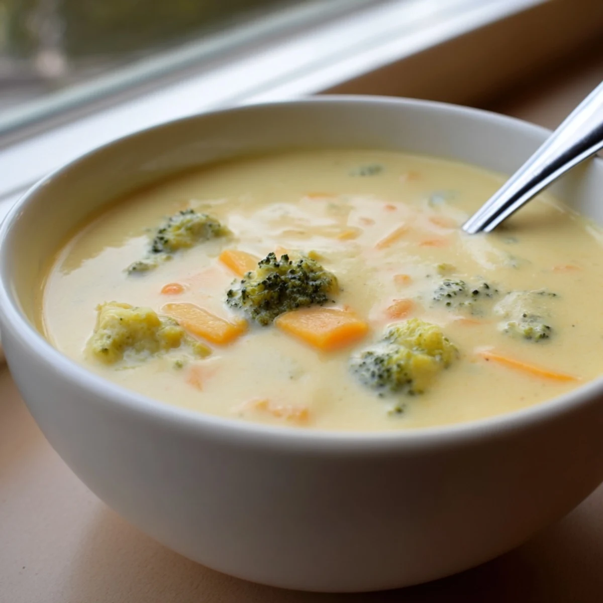 Creamy broccoli cheddar soup in a white bowl garnished with grated cheese and black pepper