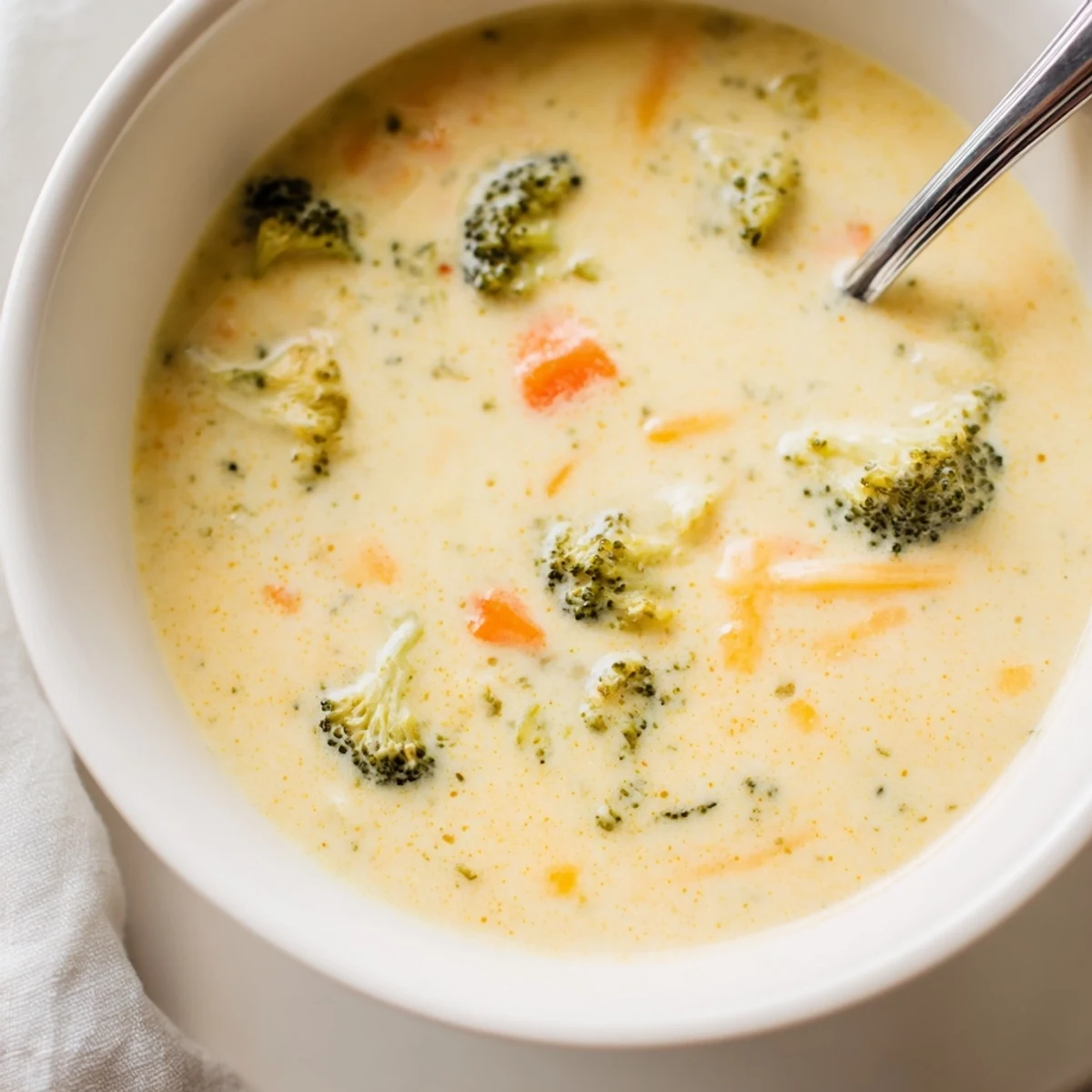 Velvety broccoli cheddar soup ladled into rustic bowls with fresh bread on the side