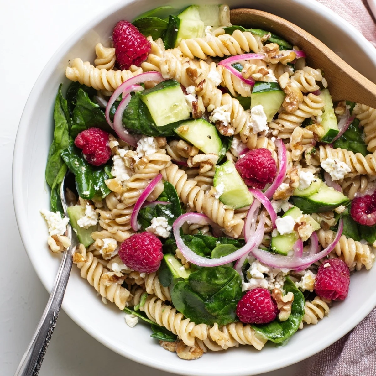Fresh summer spinach pasta salad featuring juicy raspberries, creamy feta crumbles, and crisp red onion
