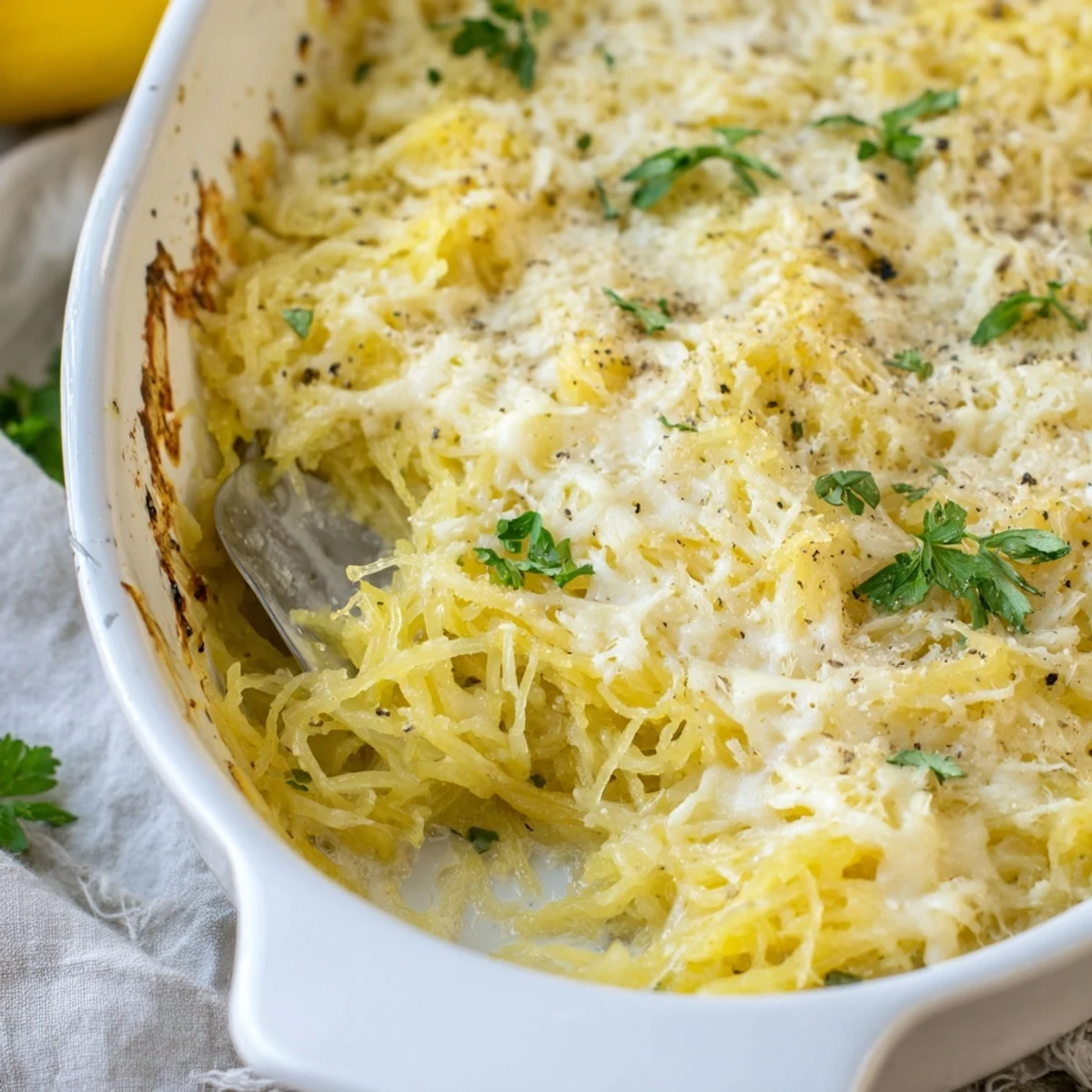 Golden bubbly Spaghetti Squash Au Gratin topped with melted Gruyère and Parmesan cheese in a white baking dish