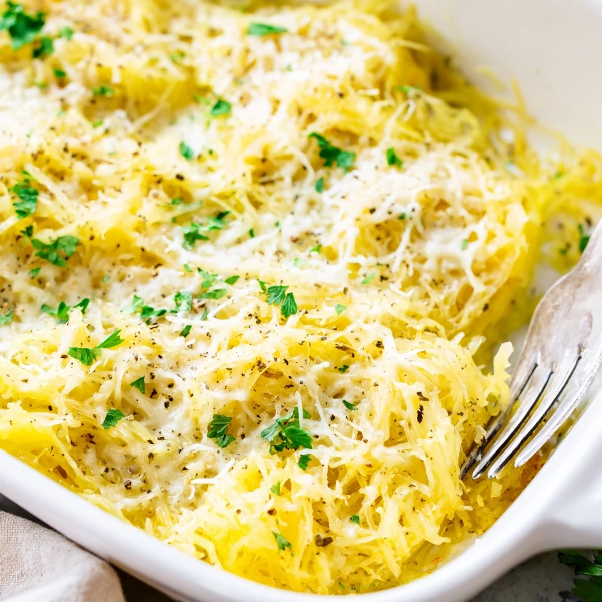 Creamy low-carb Spaghetti Squash Au Gratin with roasted squash strands in rich cheese sauce baked to perfection