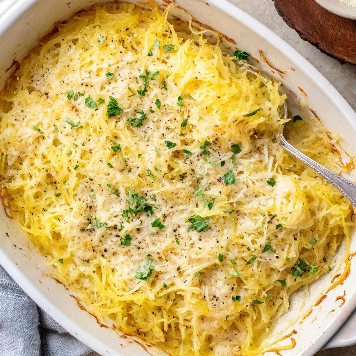 Casserole of Spaghetti Squash Au Gratin garnished with fresh parsley showing golden cheesy crust on top