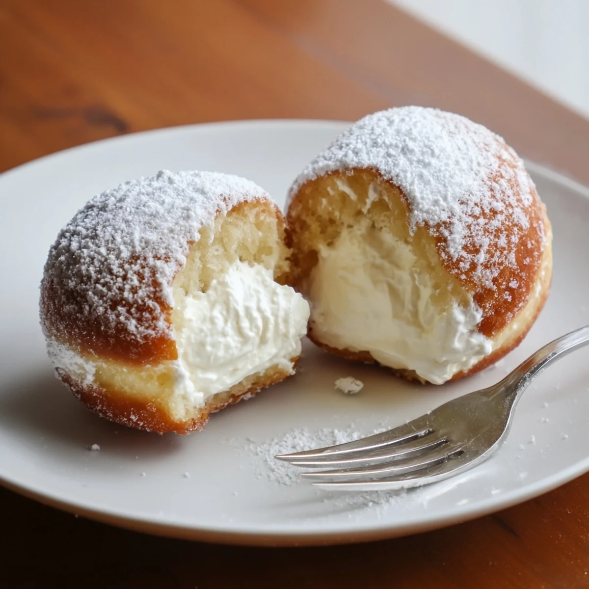 Golden brown Korean Milk Cream Donuts coated in powdered sugar with sweet milk cream filling visible