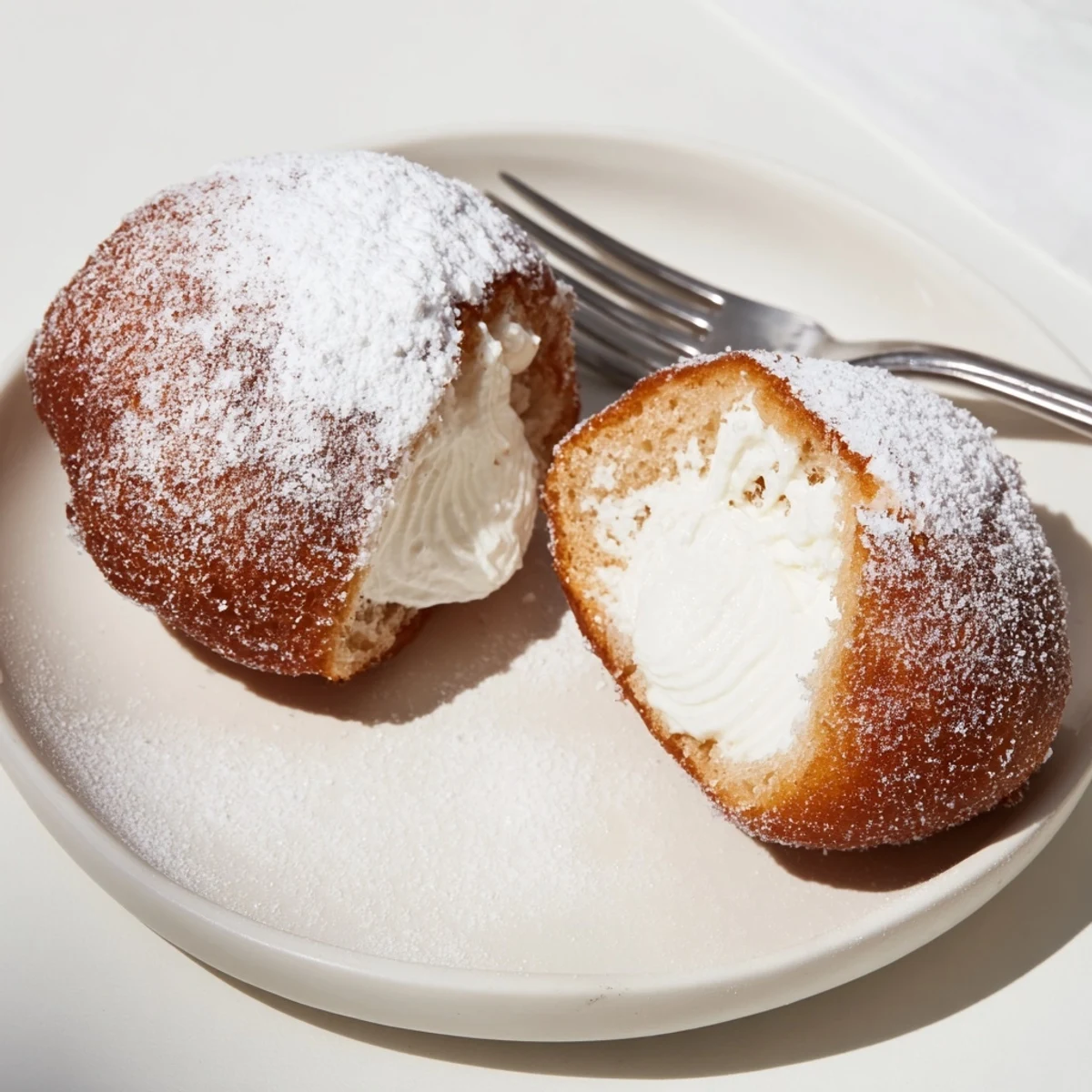 Soft pillowy Korean Milk Cream Donuts filled with light vanilla cream on a white plate