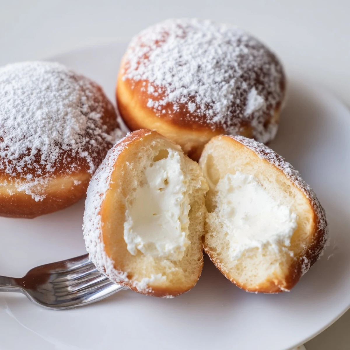 Fried Korean Milk Cream Donuts dusted with sugar and oozing sweet milk cream from center