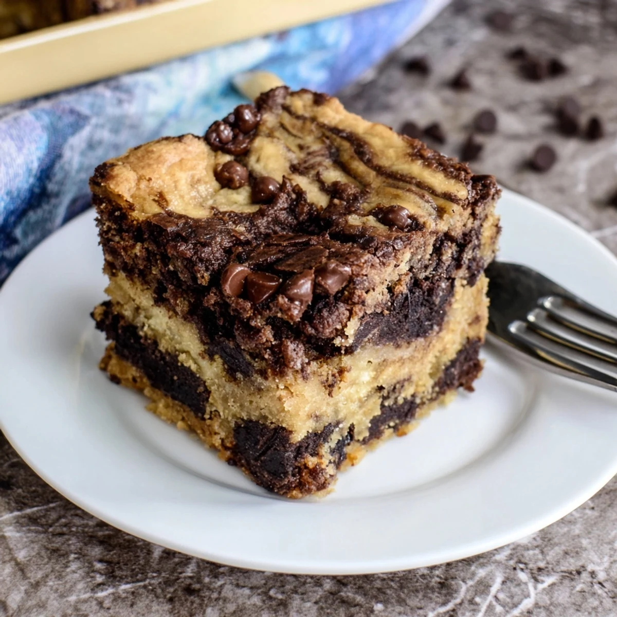 Freshly baked banana bread brownie bars with swirled marbled layers and melted chocolate chips on a cooling rack
