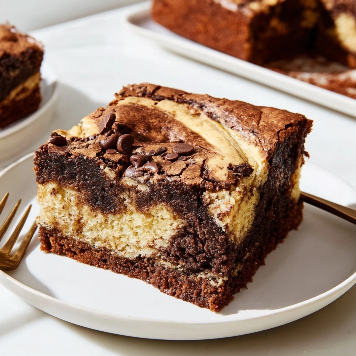 Warm banana bread brownie dessert bars topped with vanilla ice cream and chocolate drizzle on a white plate