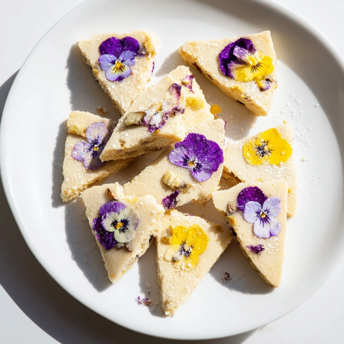 Golden Spring Flower Shortbread Cookies topped with colorful pressed violets and delicate petals