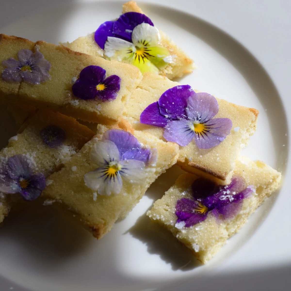 Buttery shortbread baked with edible pansies and rose petals for a spring afternoon tea