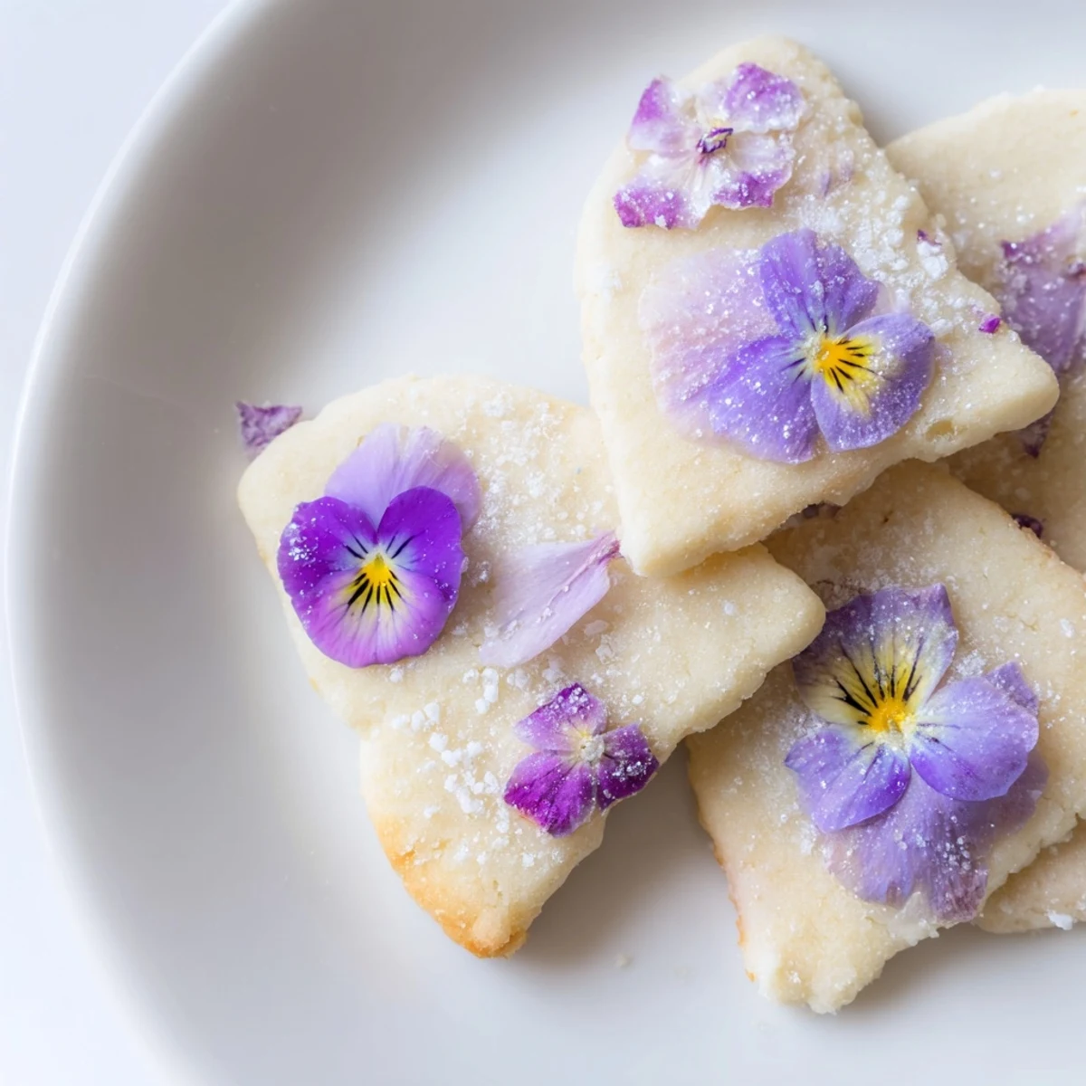 Handmade cookies decorated with fresh marigold petals and violets on light golden shortbread base