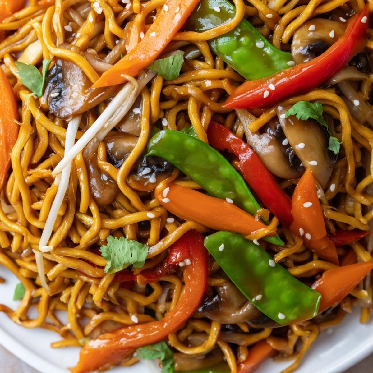 Golden crispy noodle chow mein topped with colorful stir-fried vegetables in savory brown sauce