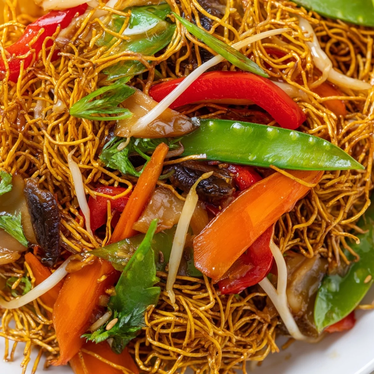 Vibrant crispy noodle chow mein with crunchy bell peppers carrots and mushrooms plated family-style