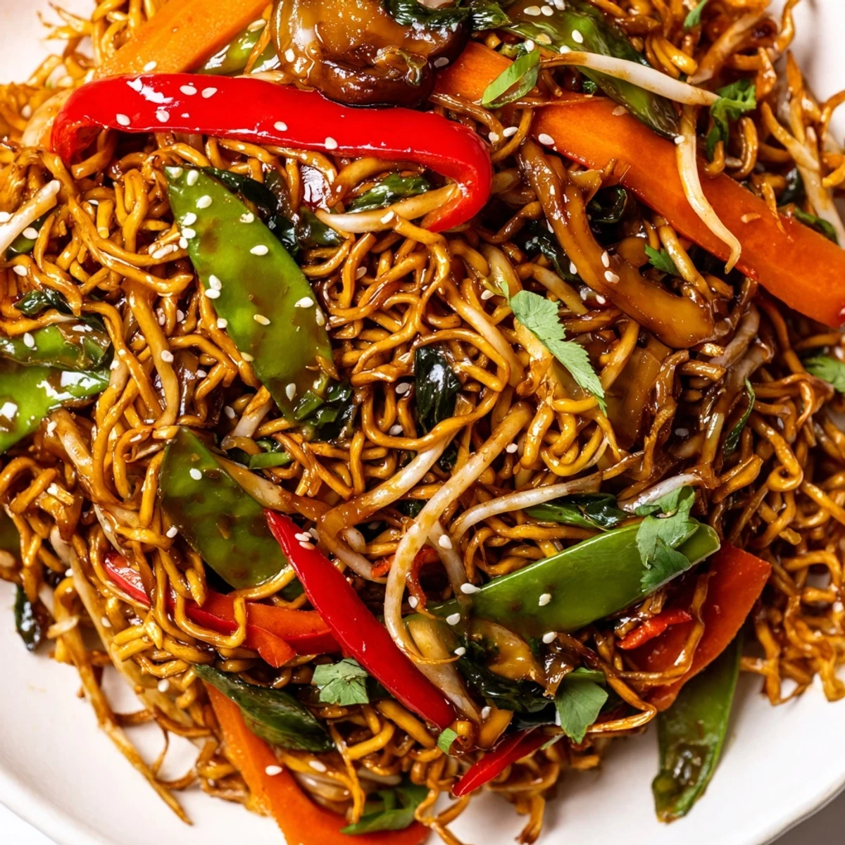 Sizzling crispy noodle chow mein with tender-crisp snow peas bean sprouts and aromatic sesame garnish
