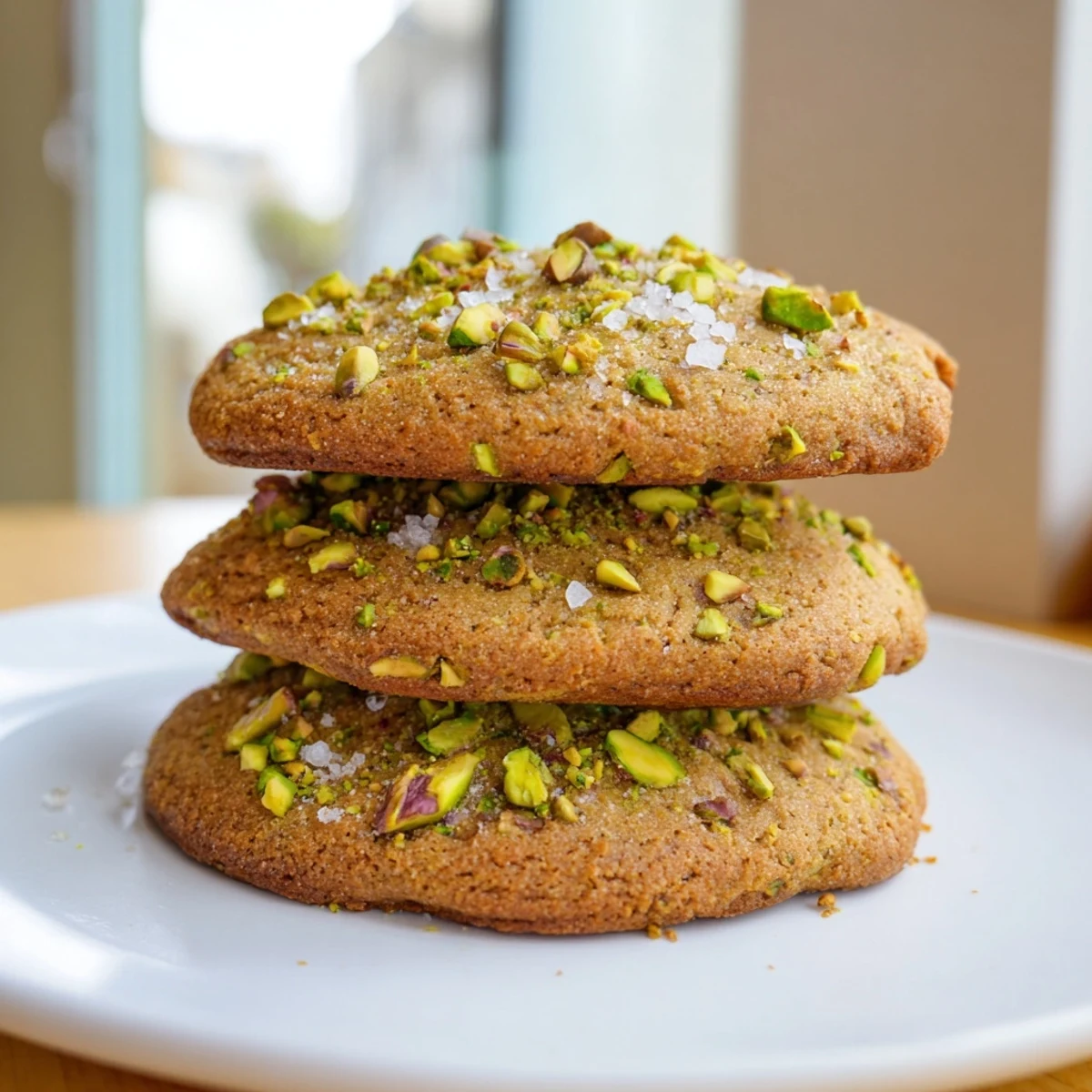 Buttery salted pistachio cookies studded with green roasted nuts and lightly golden edges