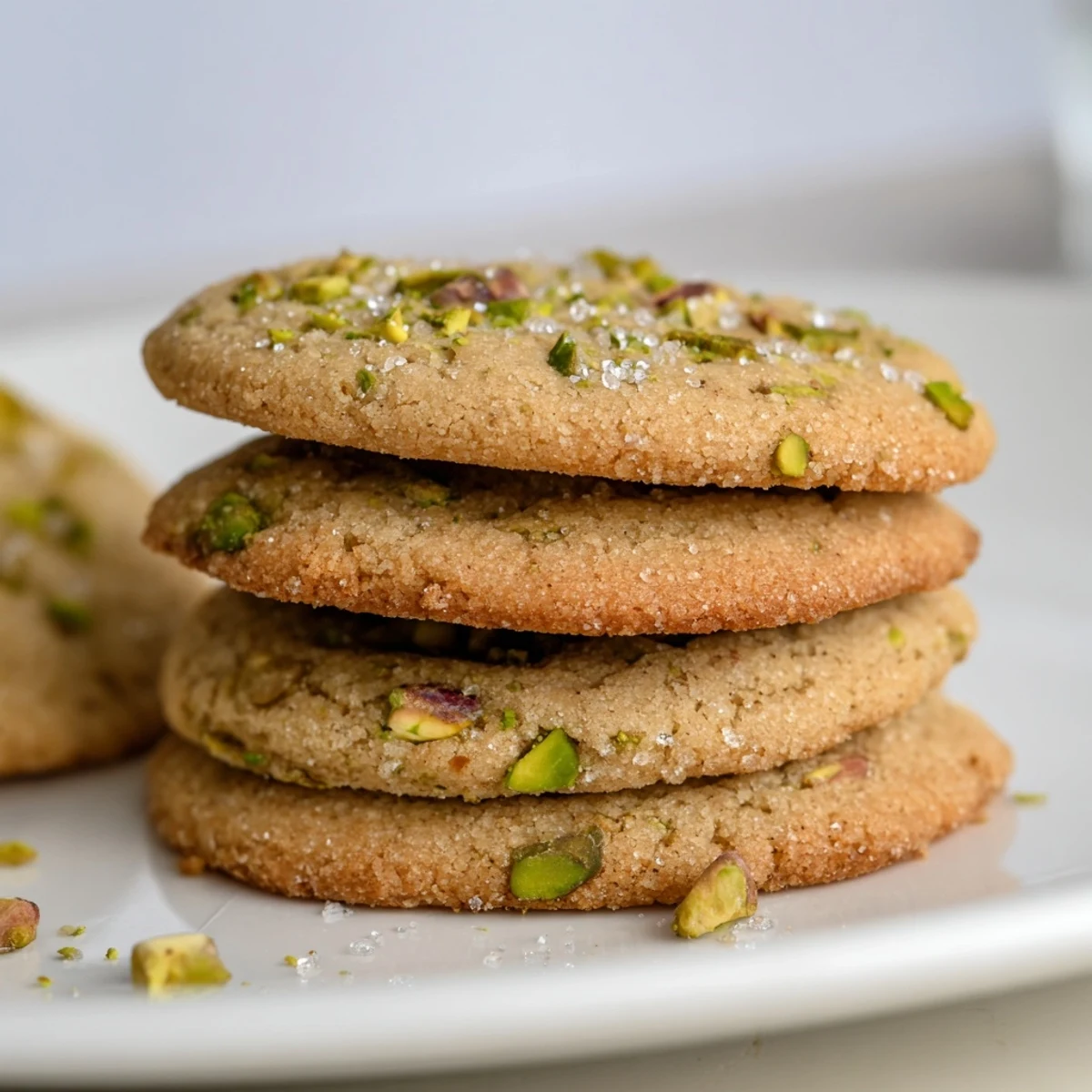 Stack of salted pistachio cookies with chunks of green nuts and sea salt crystals