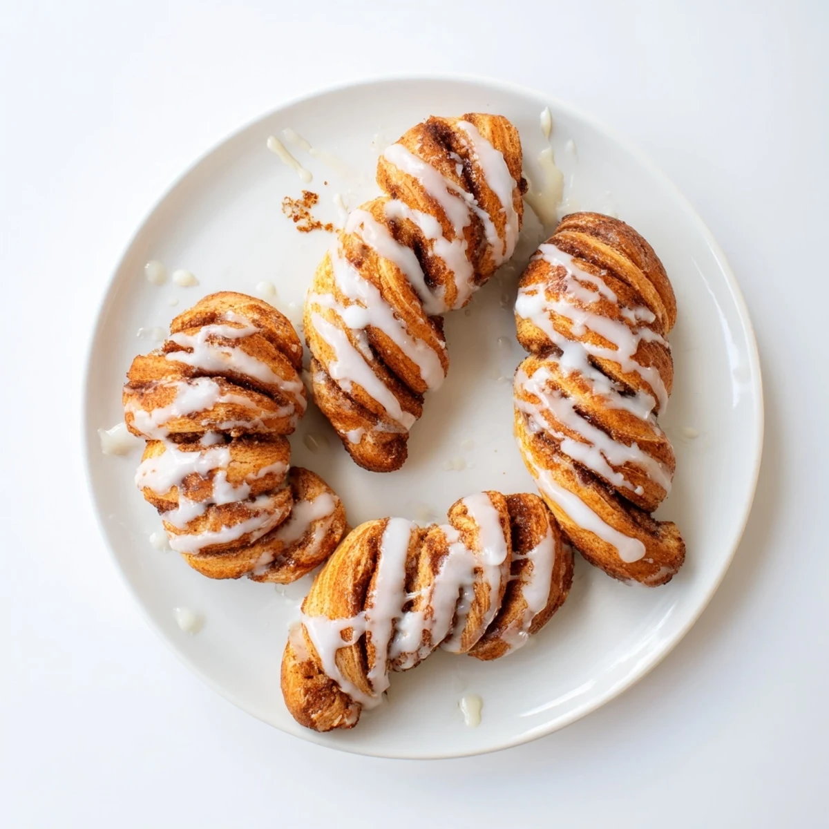 Warm breakfast cinnamon twists arranged on baking sheet with glossy vanilla glaze topping