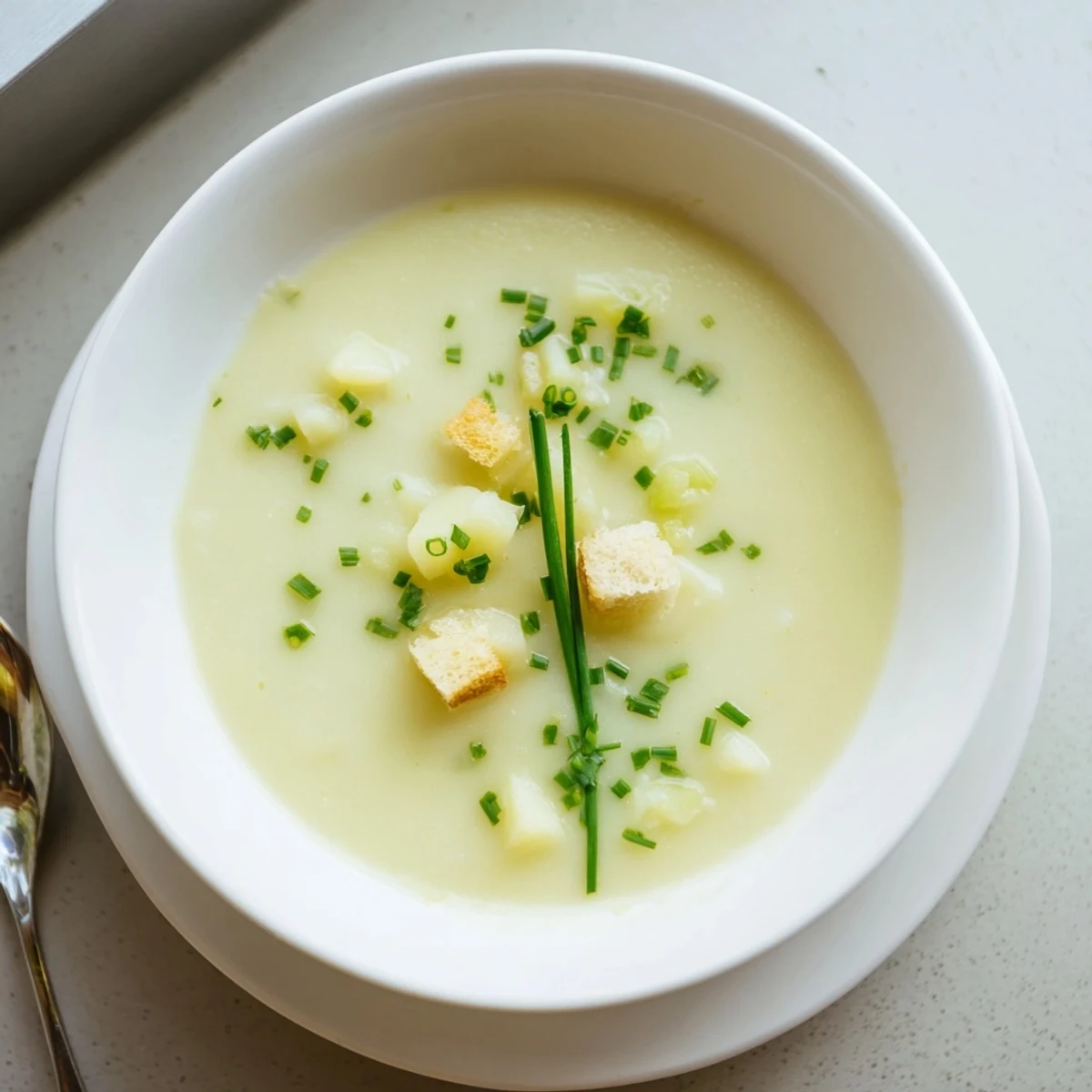 Smooth velvety creamy potato leek soup served with crusty bread on a wooden kitchen table