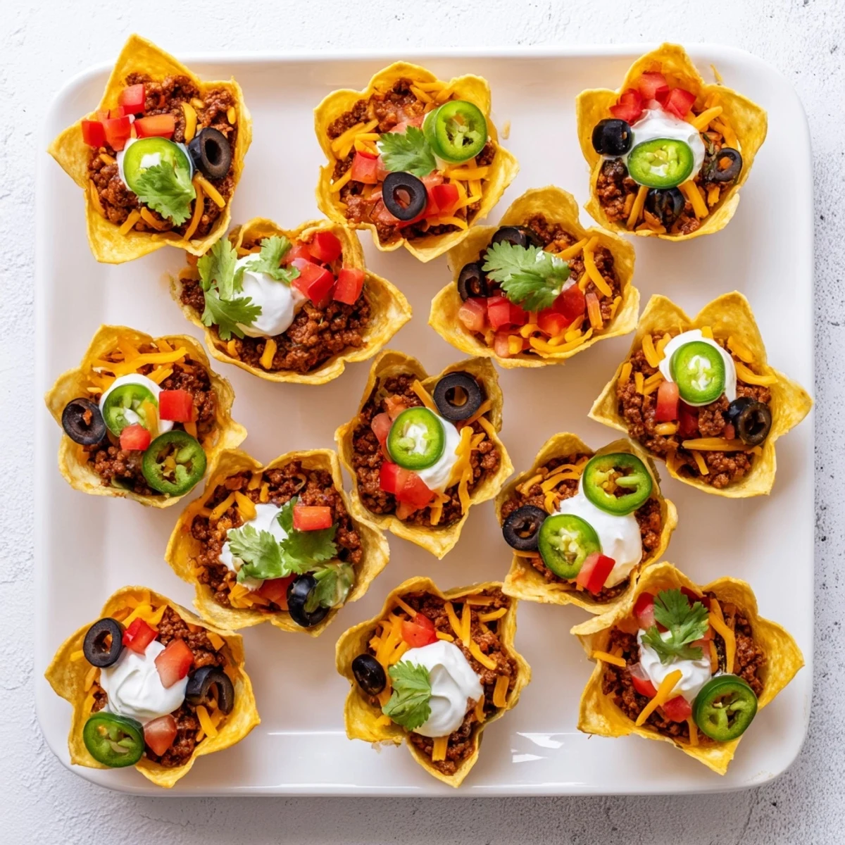 Bite-sized taco cups featuring crispy tortilla shells loaded with spiced ground beef, cheese, sour cream, and diced tomatoes