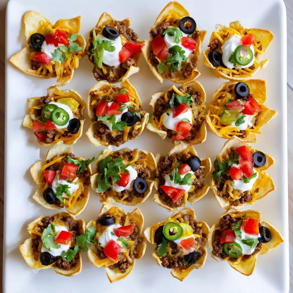 Warm Tex-Mex taco cups topped with melted cheese, sour cream, cilantro, and jalapeño slices, served in a muffin tin