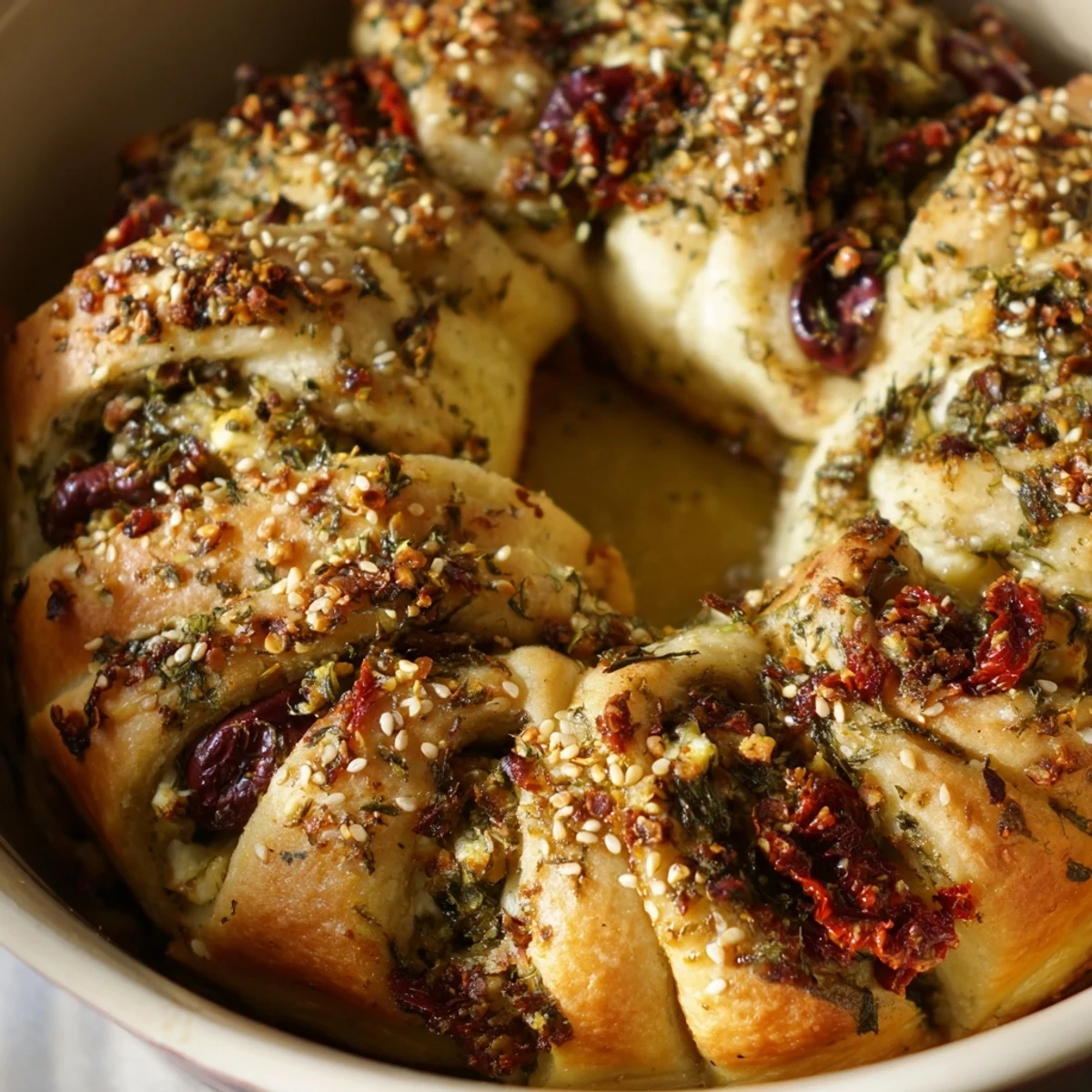 Golden Mediterranean pull apart bread with feta, olives, and sun-dried tomatoes baked to perfection