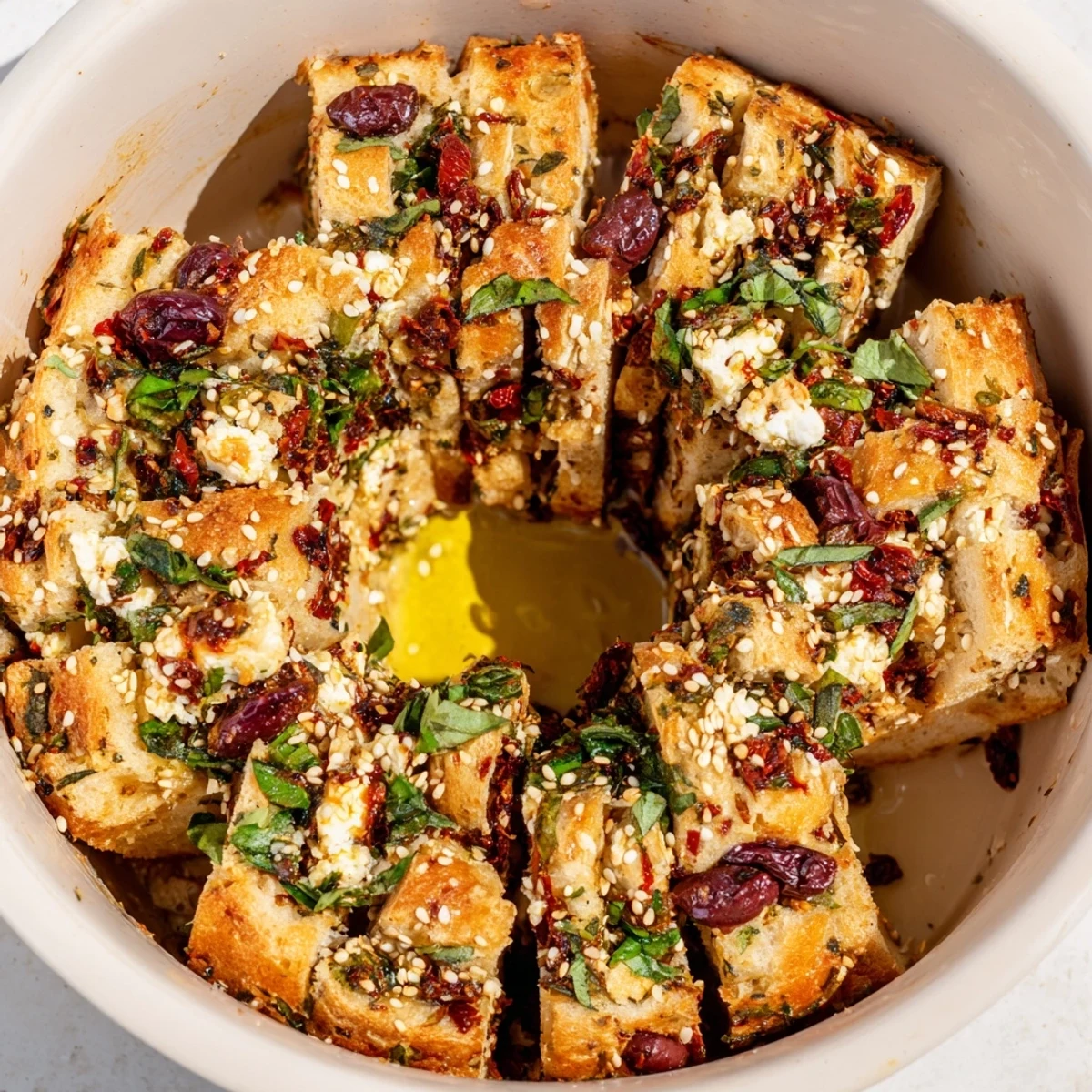 Soft savory pull apart bread pieces stuffed with Mediterranean herbs and melted feta cheese