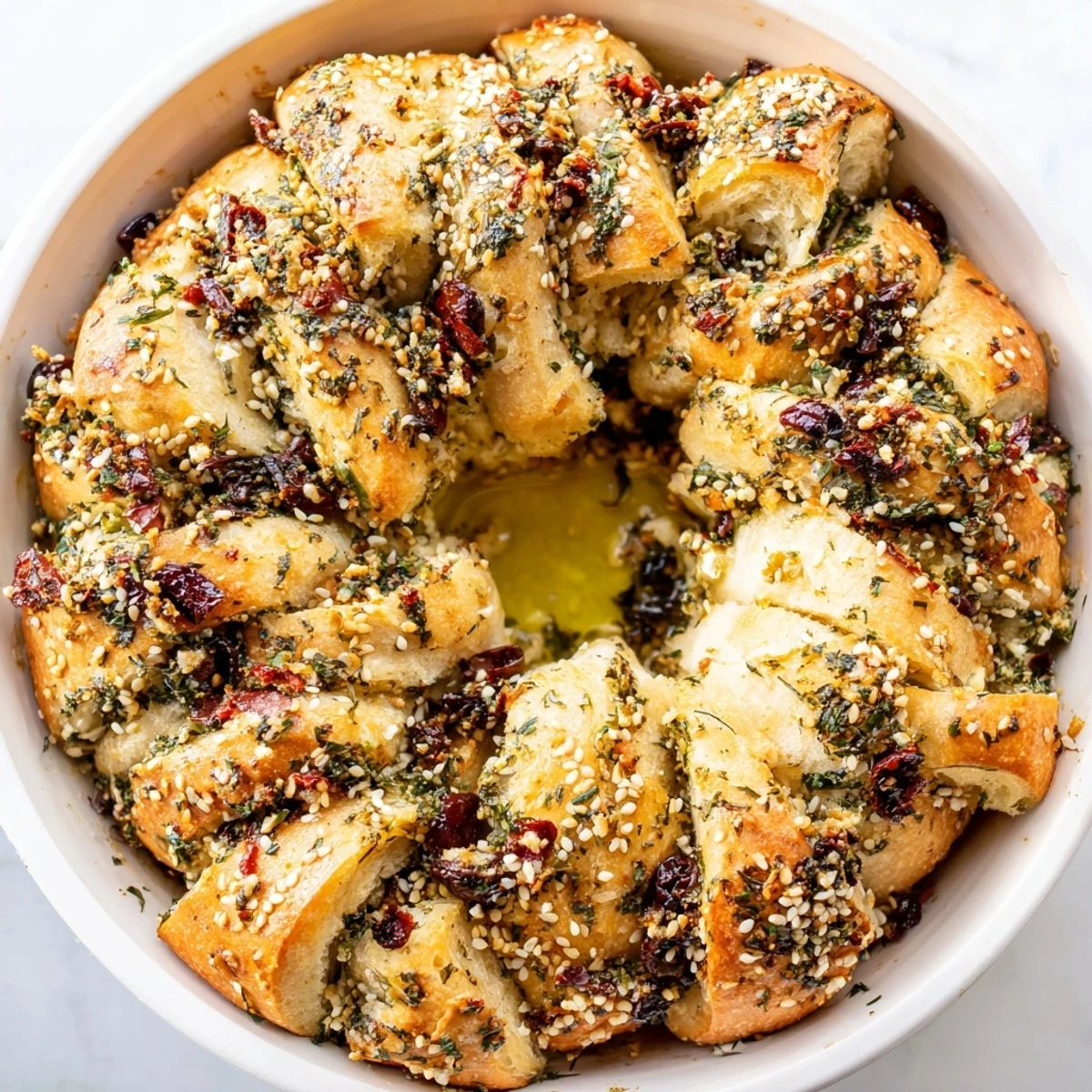 Warm Mediterranean pull apart bread revealing layers of Kalamata olives, tomatoes, and fresh basil