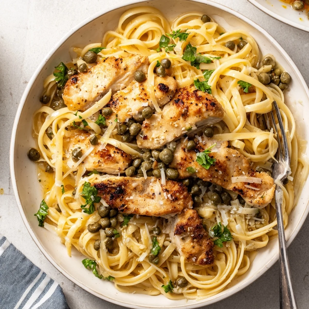 Golden chicken piccata pasta tossed in a bright lemon caper sauce with fresh parsley garnish
